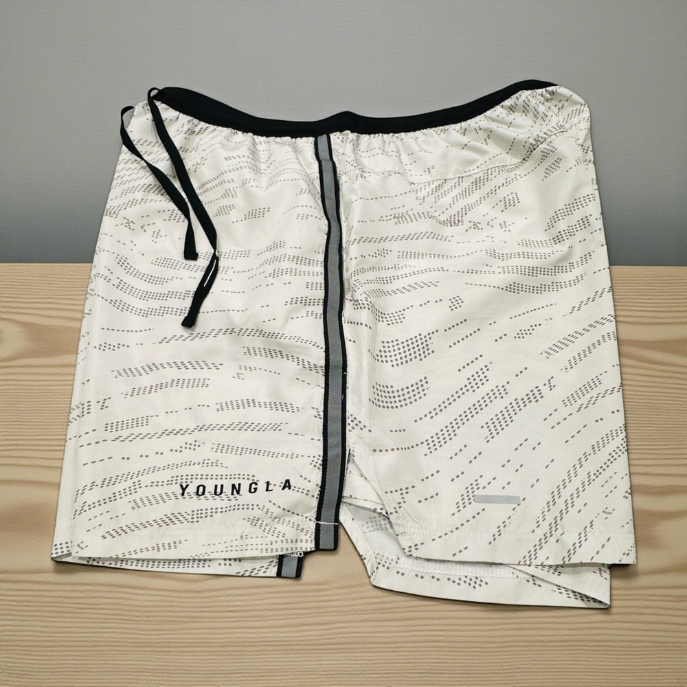 YOUNGLA Mens Athletic Shorts White Black Reflective Stripe Logo Print Size XL
